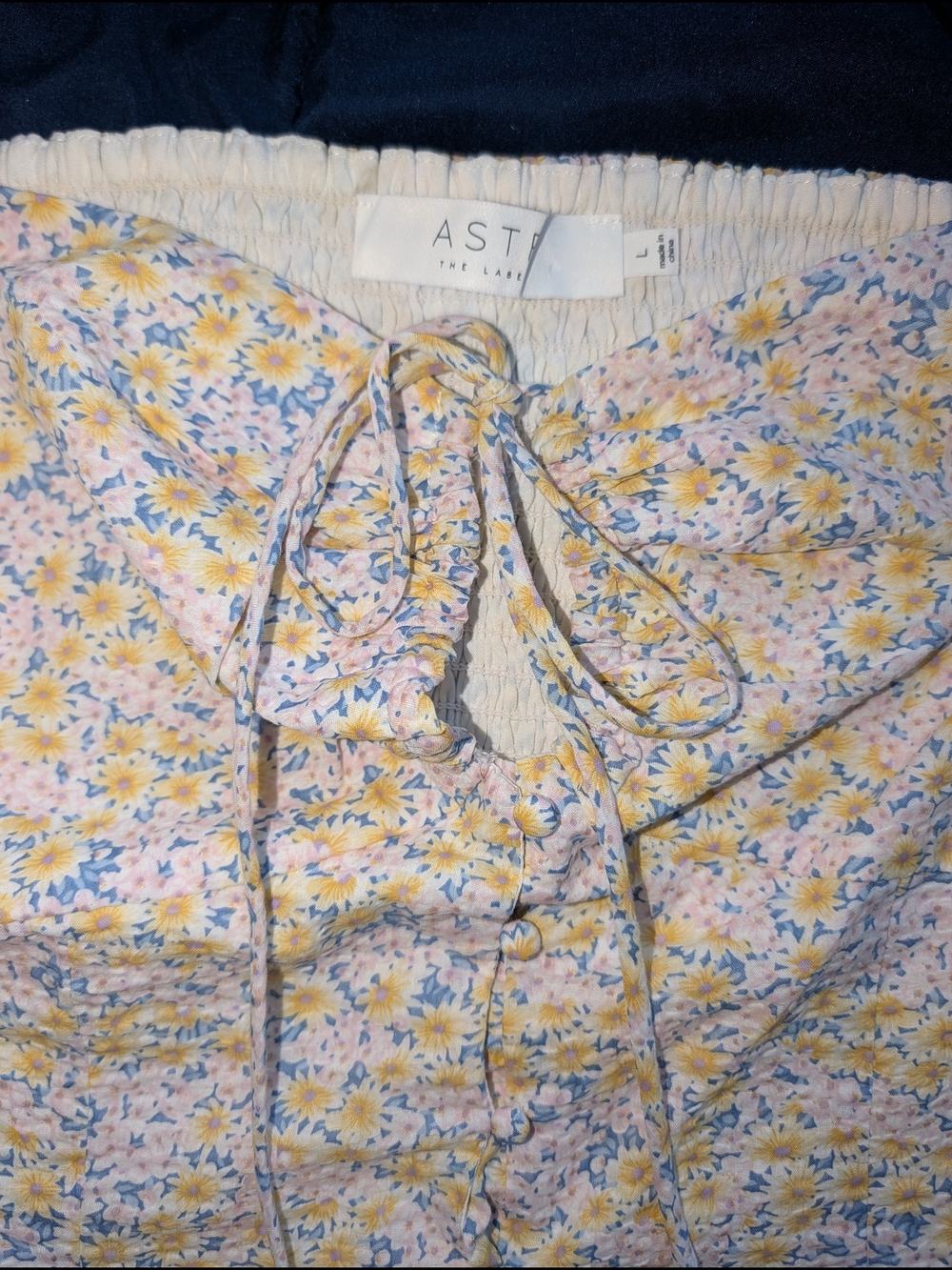 Astr The Label Womens Yellow Blue Floral Puff-Sleeve Crop Top Blouse Smocked